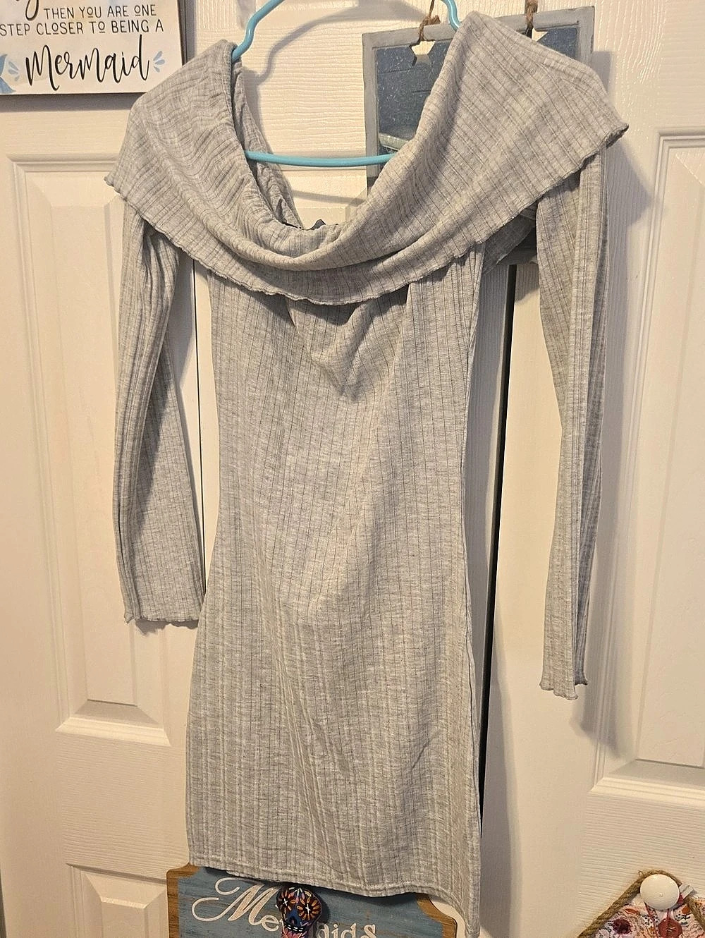 PrettyLittleThing Grey Brushed Rib Bardot Long Sleeve Bodycon Dress Gray Size 4